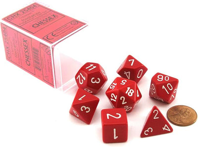 Chessex opaque red 7-die set featuring white numbers, displayed with a penny for size reference.