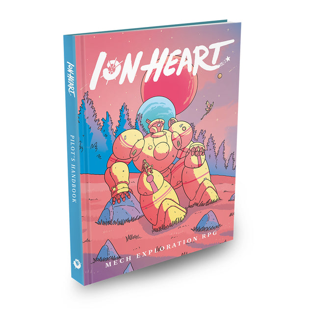 ION Heart Pilot's Handbook features a colorful cover with a large mech in a vibrant landscape, designed for RPG enthusiasts.