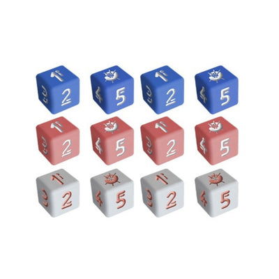 D6 dice set featuring blue, red, and white colors with numbers and symbols, ideal for tabletop gaming. Preorder available.