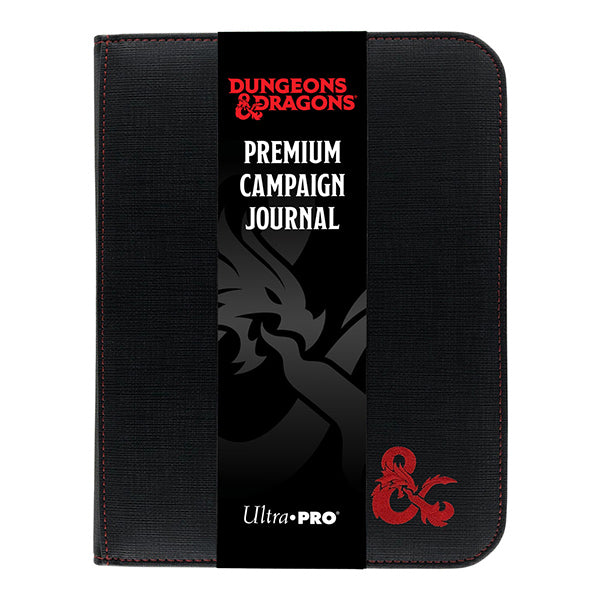 Dungeons and Dragons Premium Campaign Journal with a sleek black cover and a red dragon logo, featuring a branded sleeve.