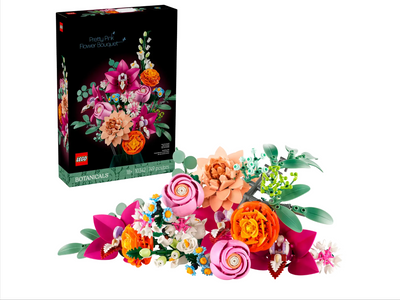 LEGO Pretty Pink Flower Bouquet set featuring vibrant, colorful flower arrangements and a decorative box.