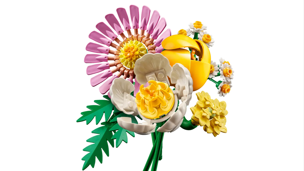 Colorful LEGO Petite Sunny Bouquet set featuring various flowers, including daisies and peonies, with vibrant petals and green leaves.