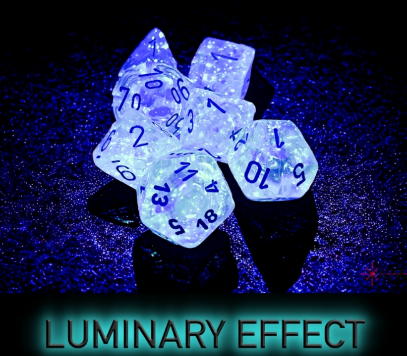 Chessex Borealis Icicle/Light Blue Luminary 7-die set with glowing numbers on a dark background.