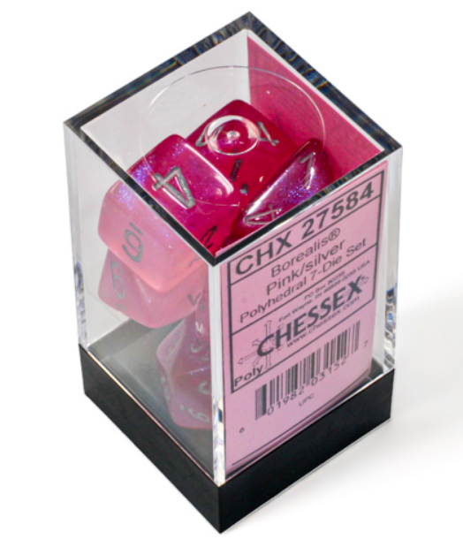 Chessex Borealis pink and silver polyhedral 7-die set displayed in a clear box with a pink label.