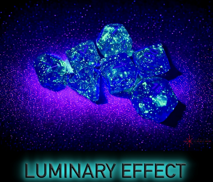 Chessex Borealis polyhedral purple and white luminary 7-die set glowing under ultraviolet light, showcasing vibrant colors.