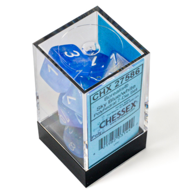 Sky blue and white Chessex Borealis polyhedral 7-die set displayed in a clear plastic case with a black base.