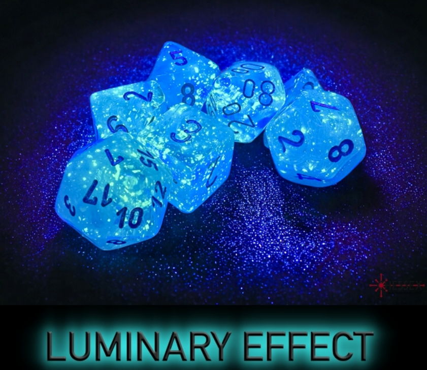 Chessex Borealis Sky Blue and white 7-die set featuring glowing dice with glittery accents and clear numbering.