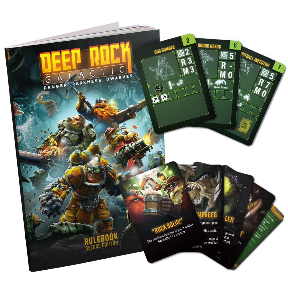 Deep Rock Galactic 2nd Edition Deluxe Upgrade Kit featuring a rulebook and various game cards for enhanced gameplay.