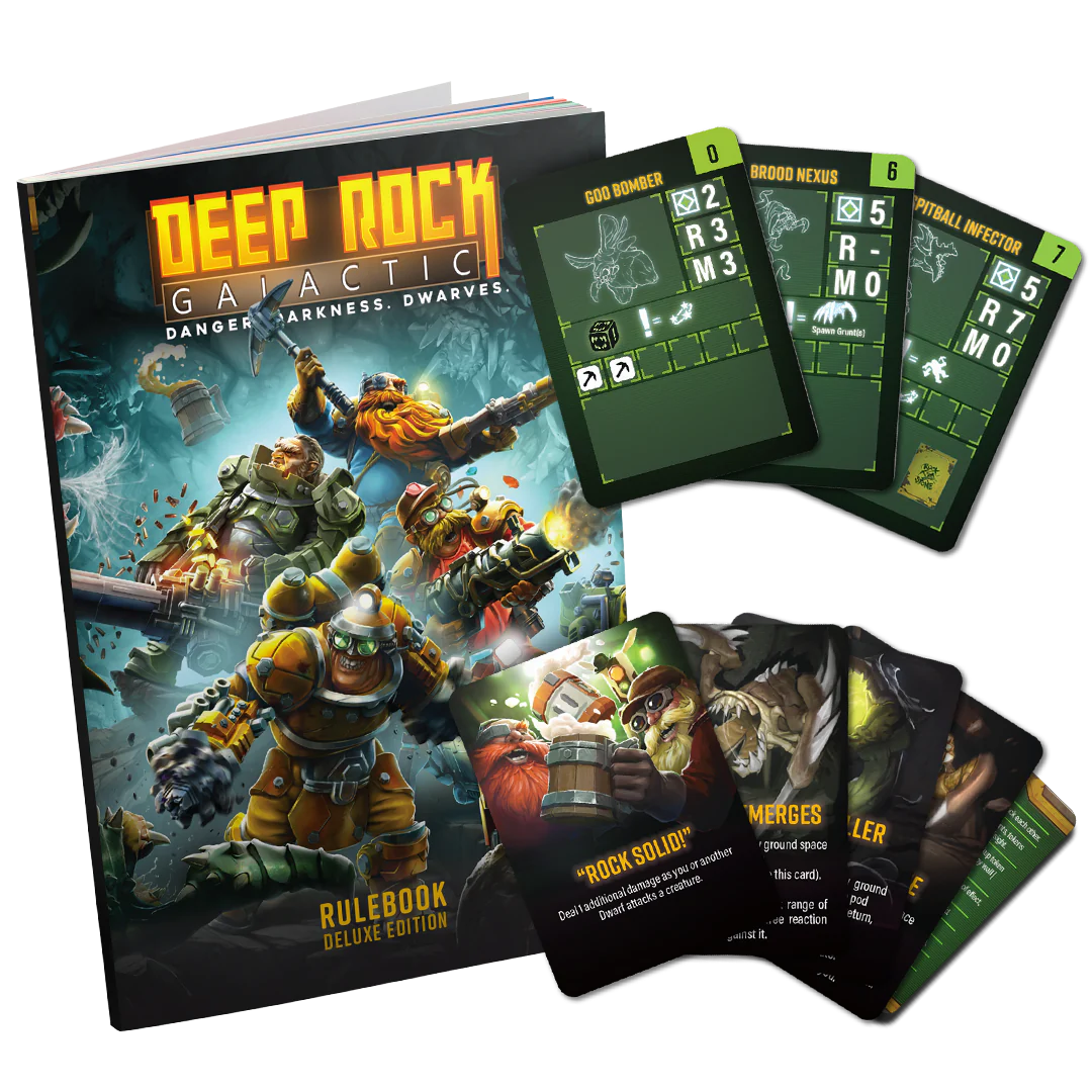 Deep Rock Galactic 2nd Edition Deluxe Upgrade Kit featuring a rulebook and various game cards for enhanced gameplay.