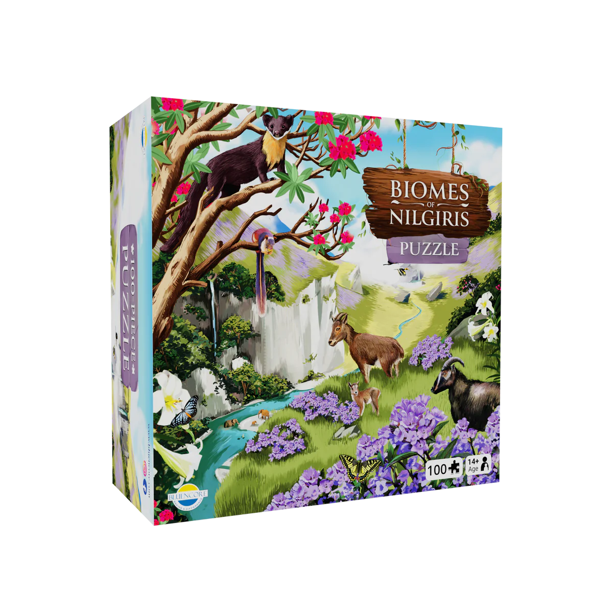 Colorful puzzle box featuring the diverse landscapes and wildlife of Nilgiris, showcasing goats, flowers, and waterfalls.