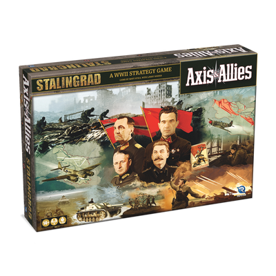 Axis and Allies: Stalingrad board game box featuring WWII strategy elements and iconic military leaders. Preorder now.