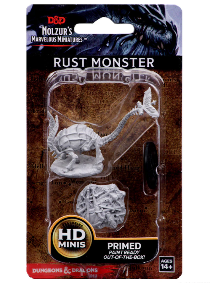 Unpainted Rust Monster miniature from Dungeons & Dragons, packaged with detailed sculpt and primed for painting.