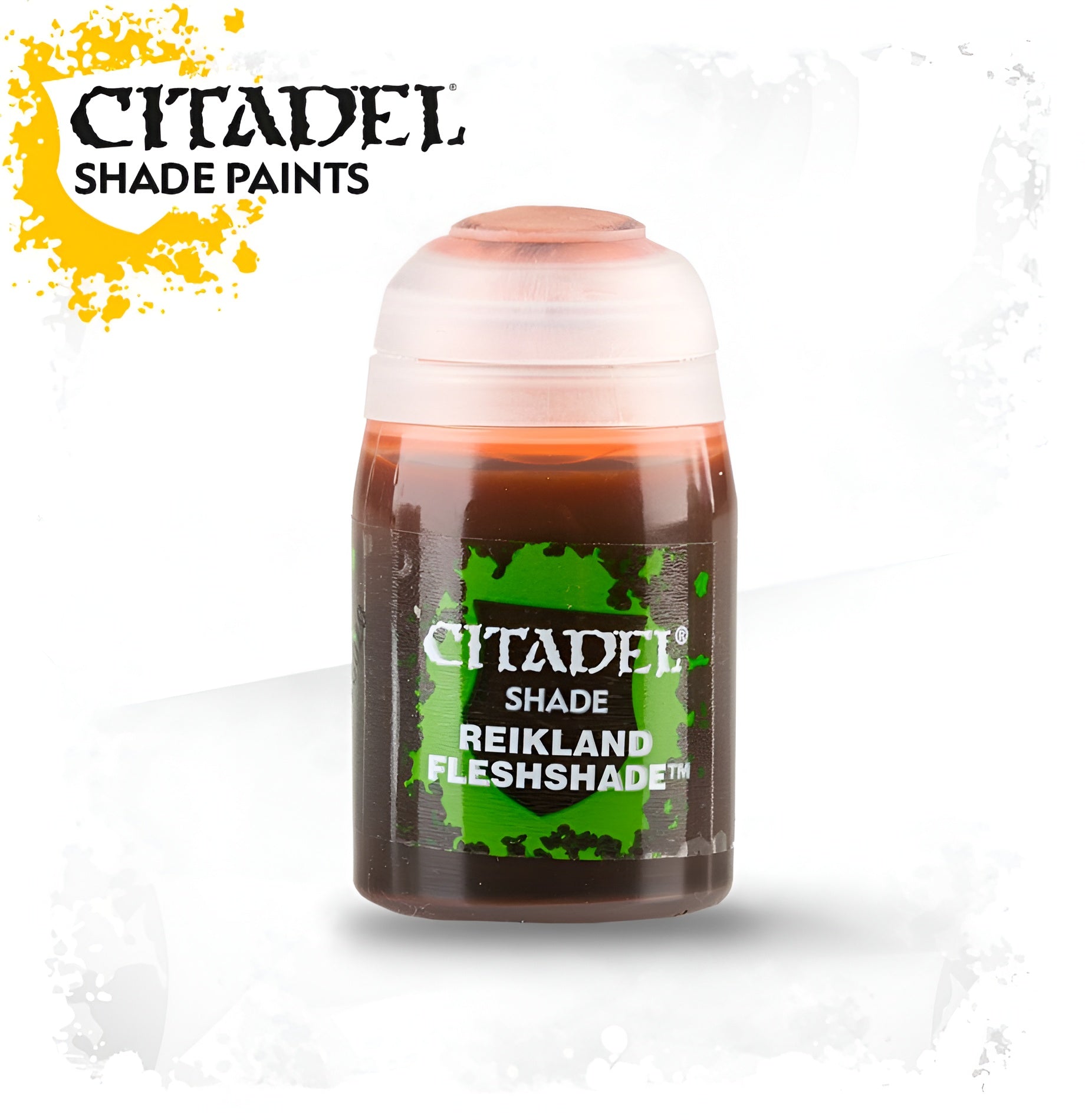 Citadel Shade Reikland Fleshshade 18ml paint bottle for enhancing miniature details and textures.