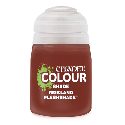 Citadel Colour Shade Paint in Reikland Fleshshade, 18ml bottle, featuring a dark flesh tone for miniature painting.
