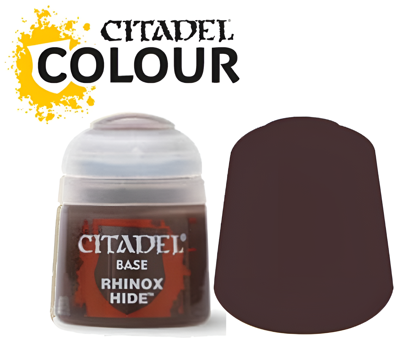 Citadel Base Rhinox Hide paint (12ml) in a dark brown shade, ideal for miniature painting and detailing.