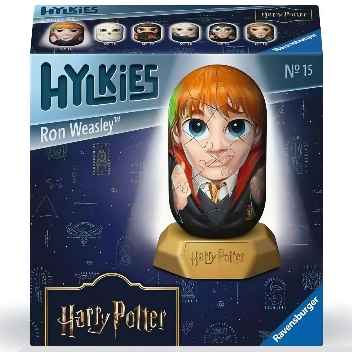 Hylkies Ron Weasley 3D puzzle packaging featuring a colorful design of Ron in Hogwarts attire with a base.
