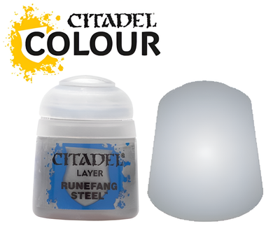Citadel Layer Runefang Steel paint in a 12ml pot, featuring a smooth metallic finish ideal for miniatures and models.