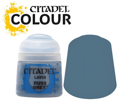 Citadel Layer paint in Russ Grey, 12ml bottle, featuring a blue-grey color swatch and brand logo.