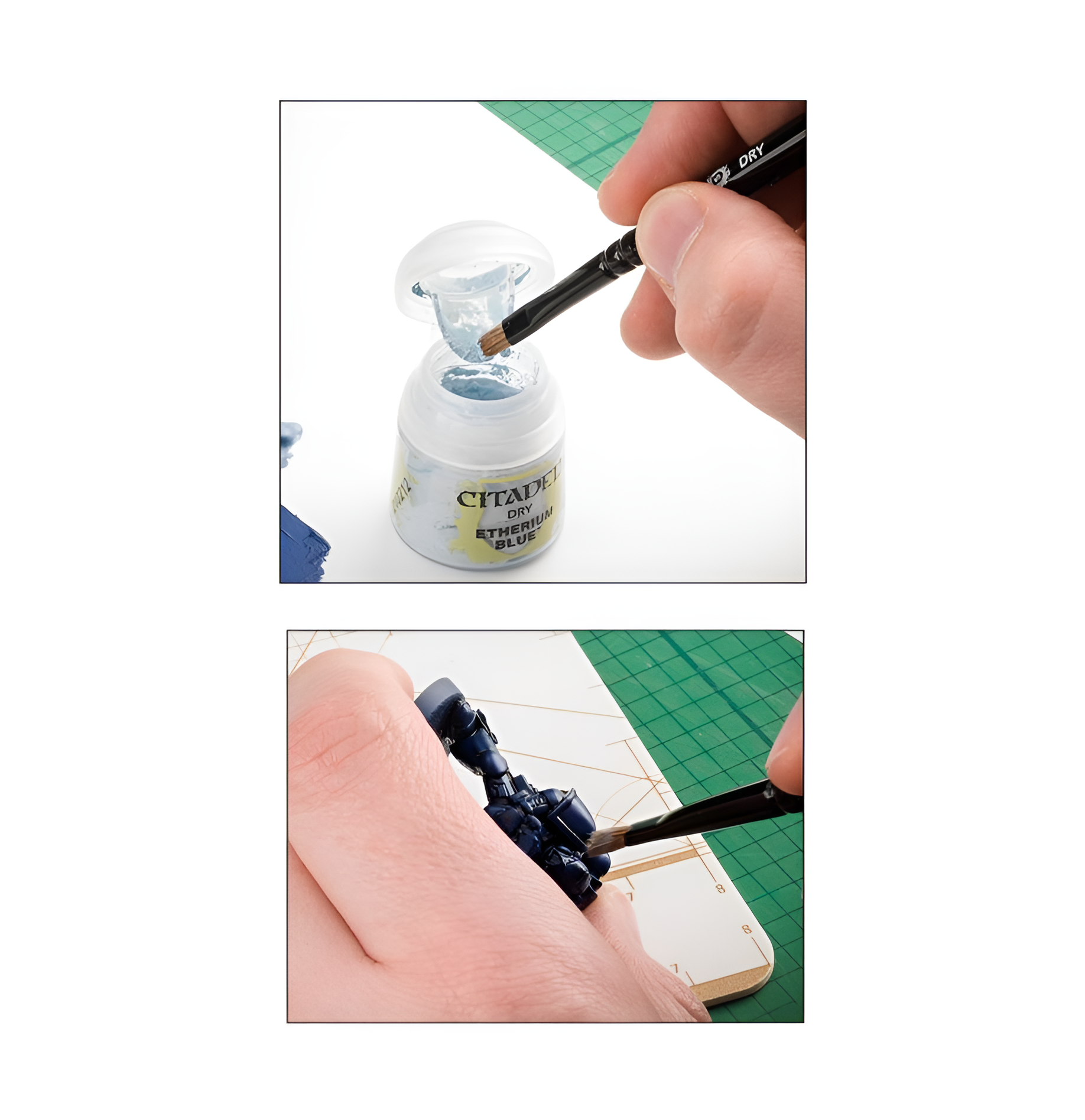 A hand holds a small dry brush applying paint from a Citadel Tools paint pot onto a miniature figure.