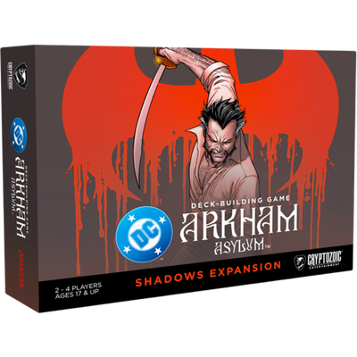 DC Comics Deckbuilding Game: Arkham Asylum Shadows Expansion box featuring a character with a sword and a red background.