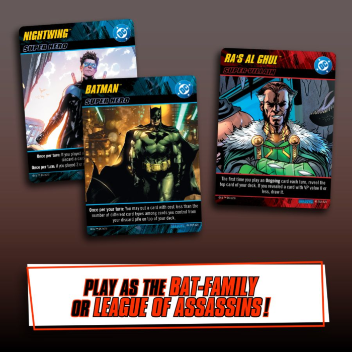 Three cards from the DC Comics Deckbuilding Game: Arkham Asylum: Shadows Expansion featuring Nightwing, Batman, and Ra's al Ghul.