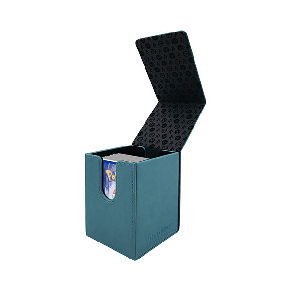 Teal Alcove Flip 100+ deck box for Pokémon cards featuring a Lucario design, with a flip-top lid and interior pattern.