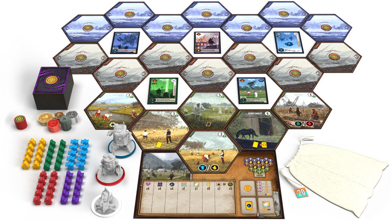 Board game setup for Expeditions Standard Edition featuring hexagonal tiles, cards, miniatures, and game tokens.