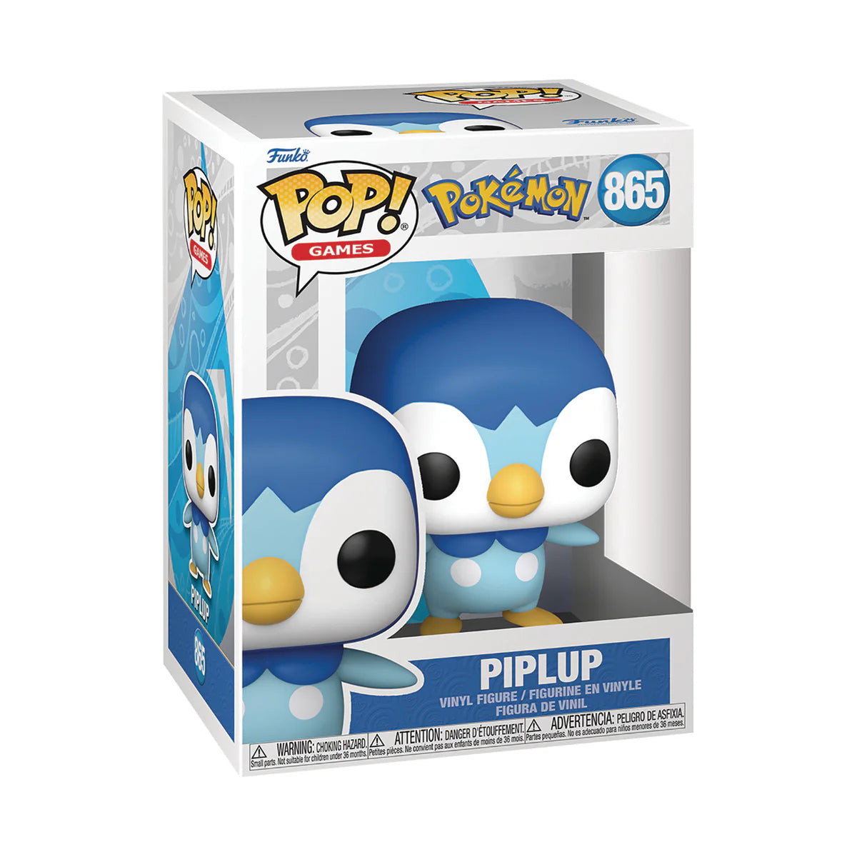 Funko Pop! figure of Piplup from Pokemon, featuring a blue penguin-like character in a display box.