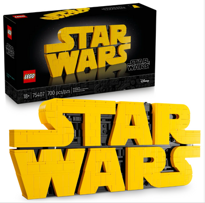 LEGO Brick-Built Star Wars Logo set featuring bold yellow lettering against a black background, with 700 pieces.