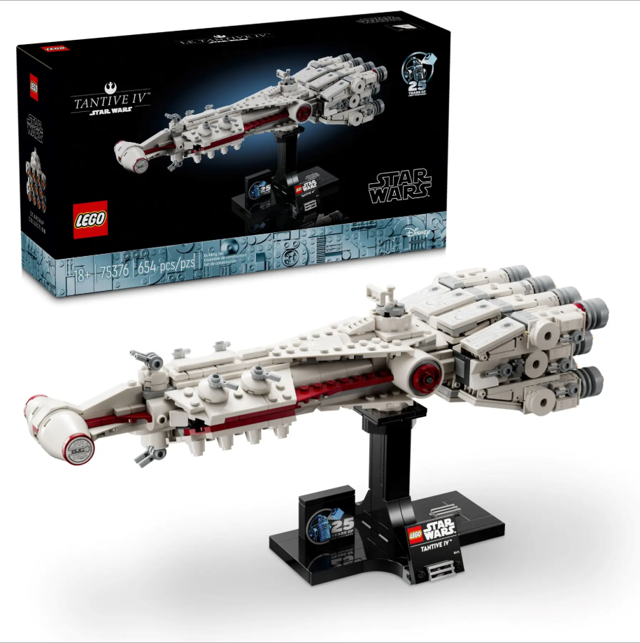 LEGO Star Wars Tantive IV set 75376 displayed on a stand, featuring intricate details and a box in the background.