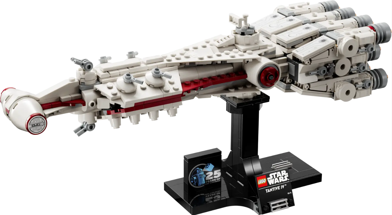 LEGO Star Wars Tantive IV model featuring detailed design and display stand, showcasing iconic starship from the franchise.