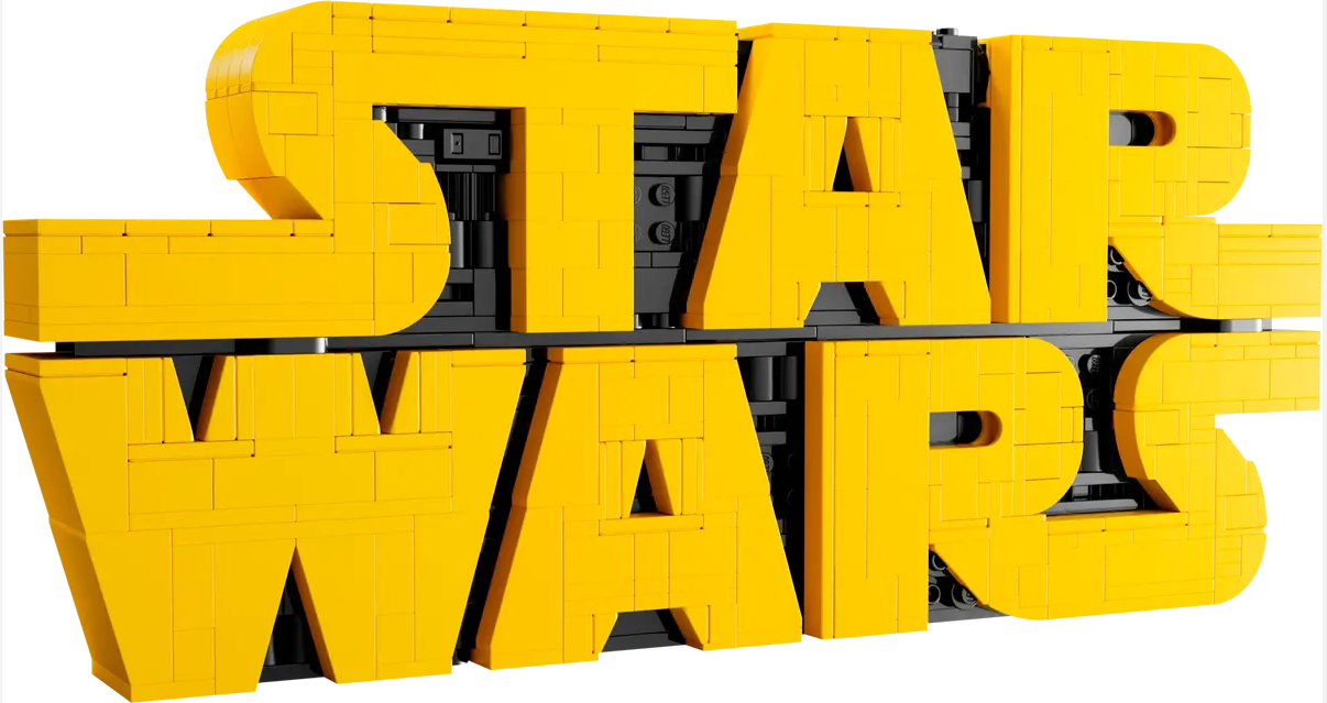 LEGO brick-built Star Wars logo featuring large yellow letters on a black background, showcasing iconic branding.