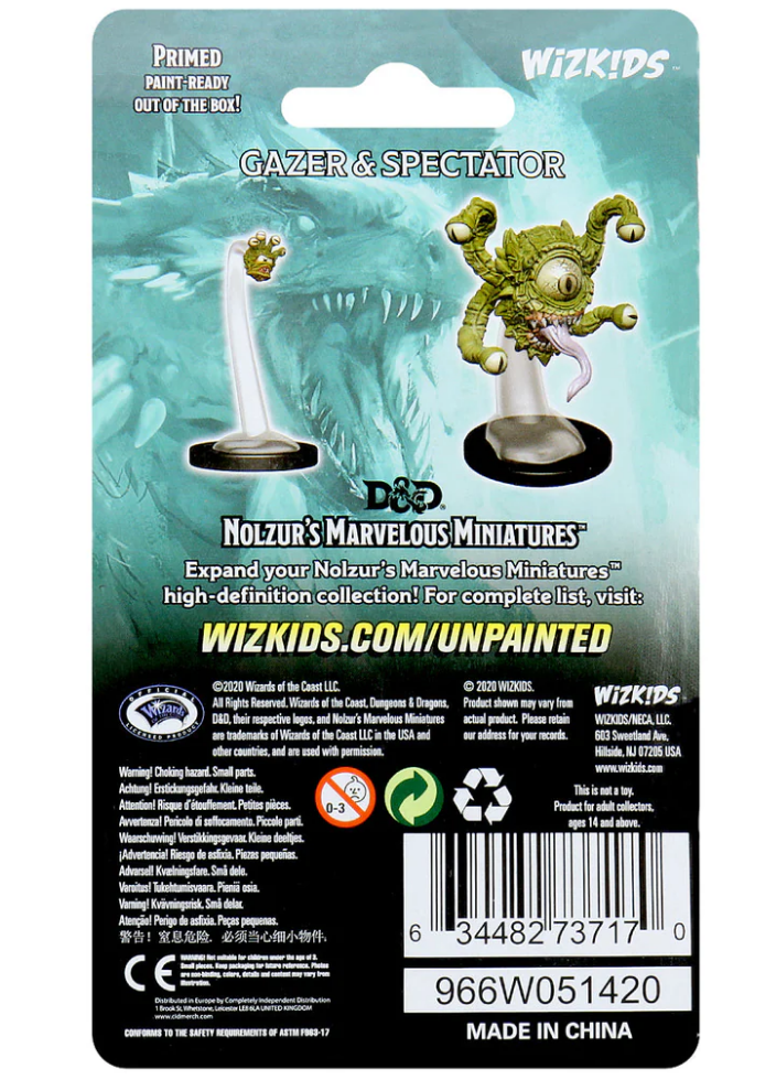 Back packaging of Dungeons & Dragons Nolzur's Marvelous Miniatures featuring unpainted Spectator and Gazer miniatures.