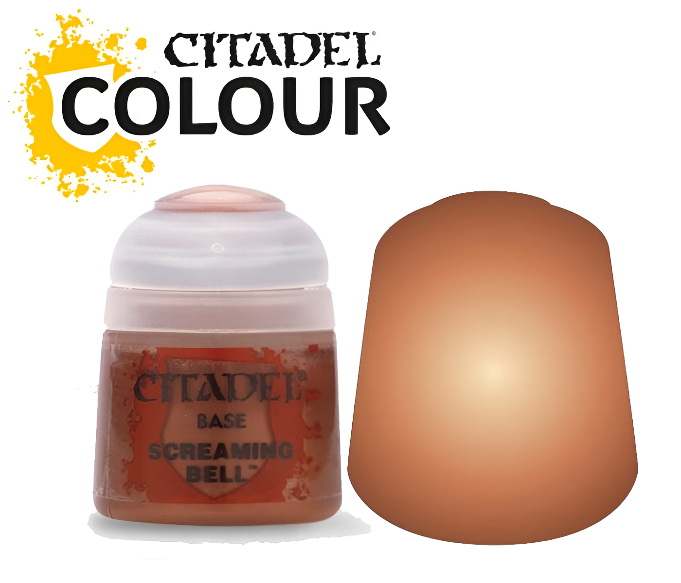 Citadel Base paint in Screaming Bell (12ml) with a warm reddish-brown color swatch for miniature painting.
