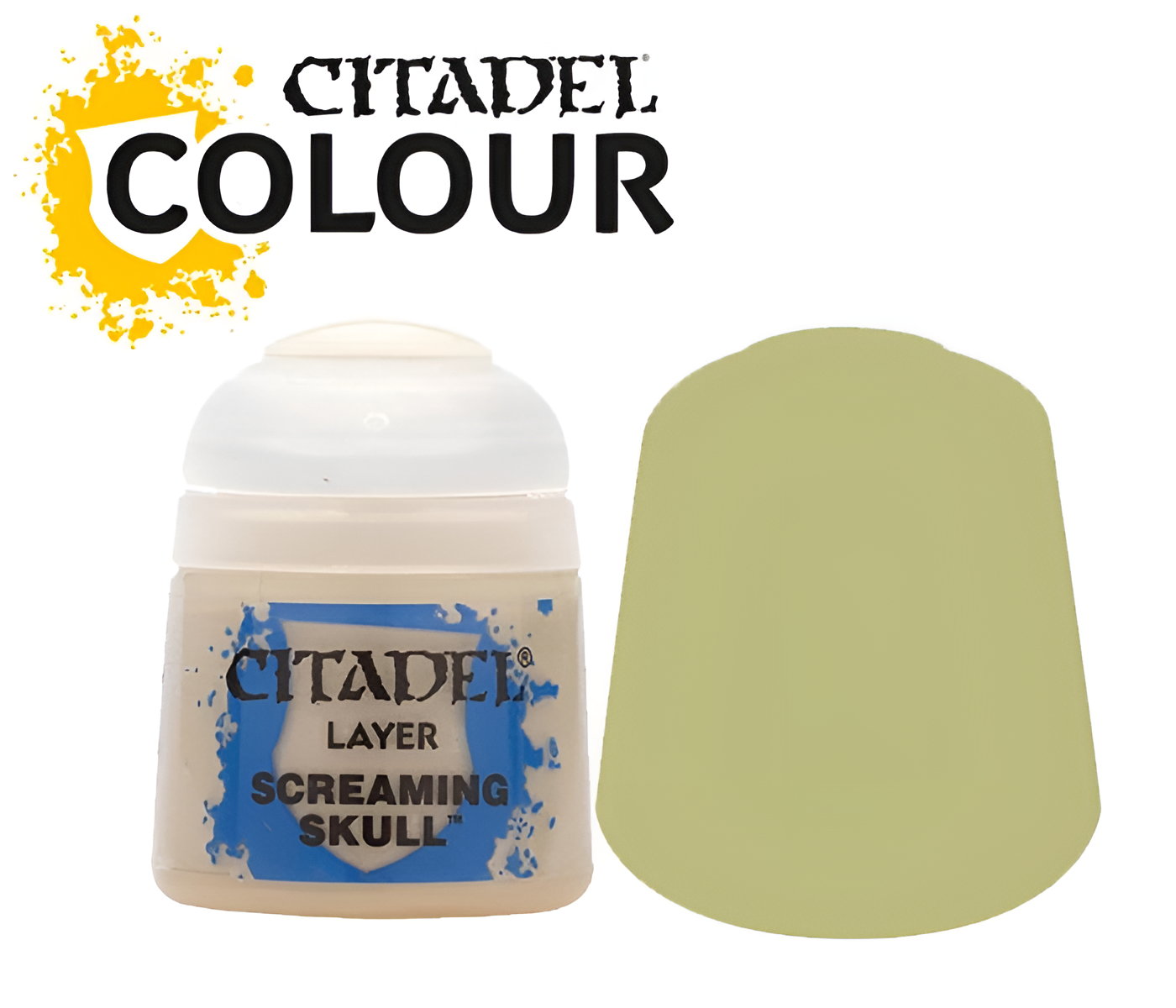 Citadel Layer paint in Screaming Skull, 12ml pot, with a light beige color swatch beside it.