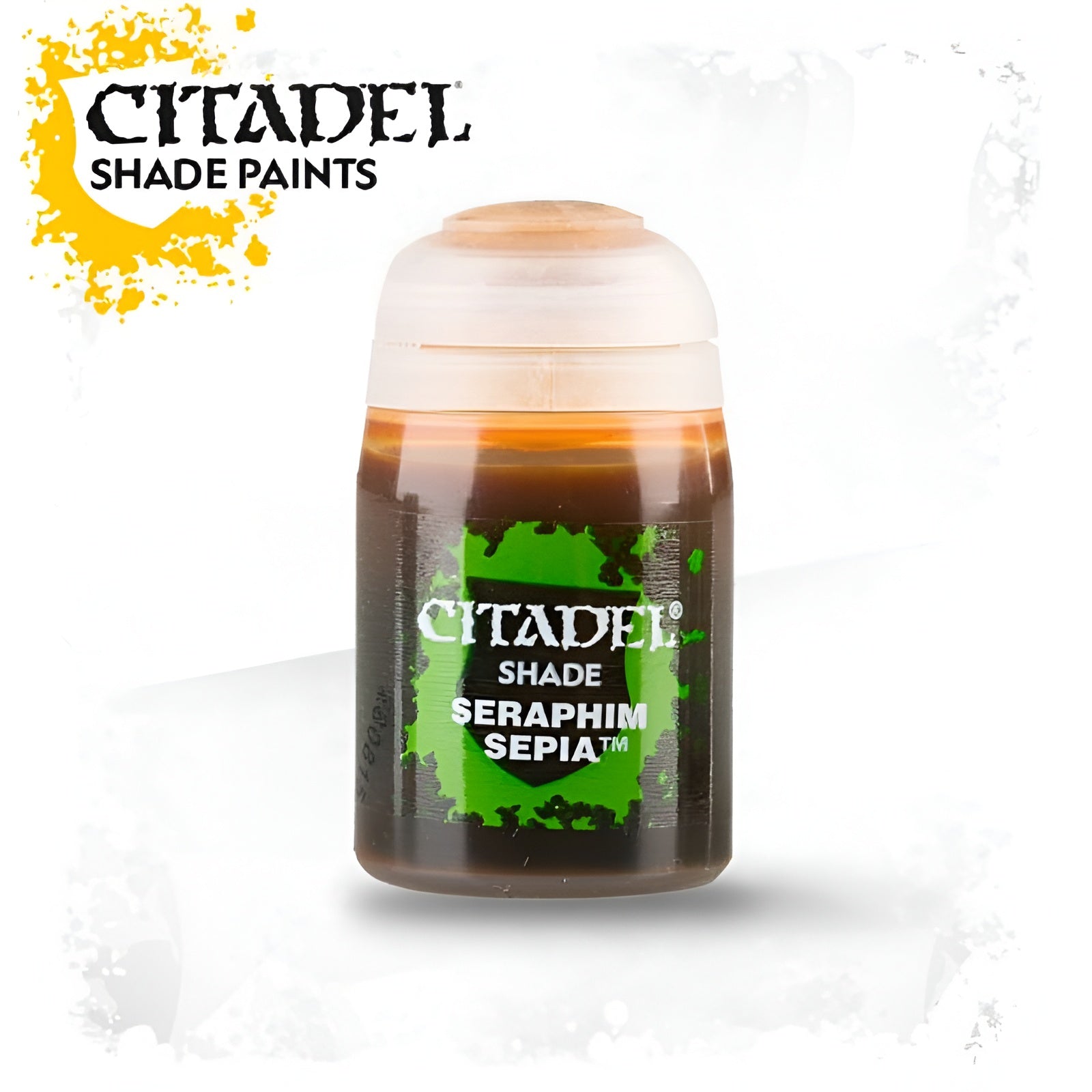 Citadel Shade Seraphim Sepia paint (18ml) in a clear container with a green label, ideal for adding depth to miniatures.
