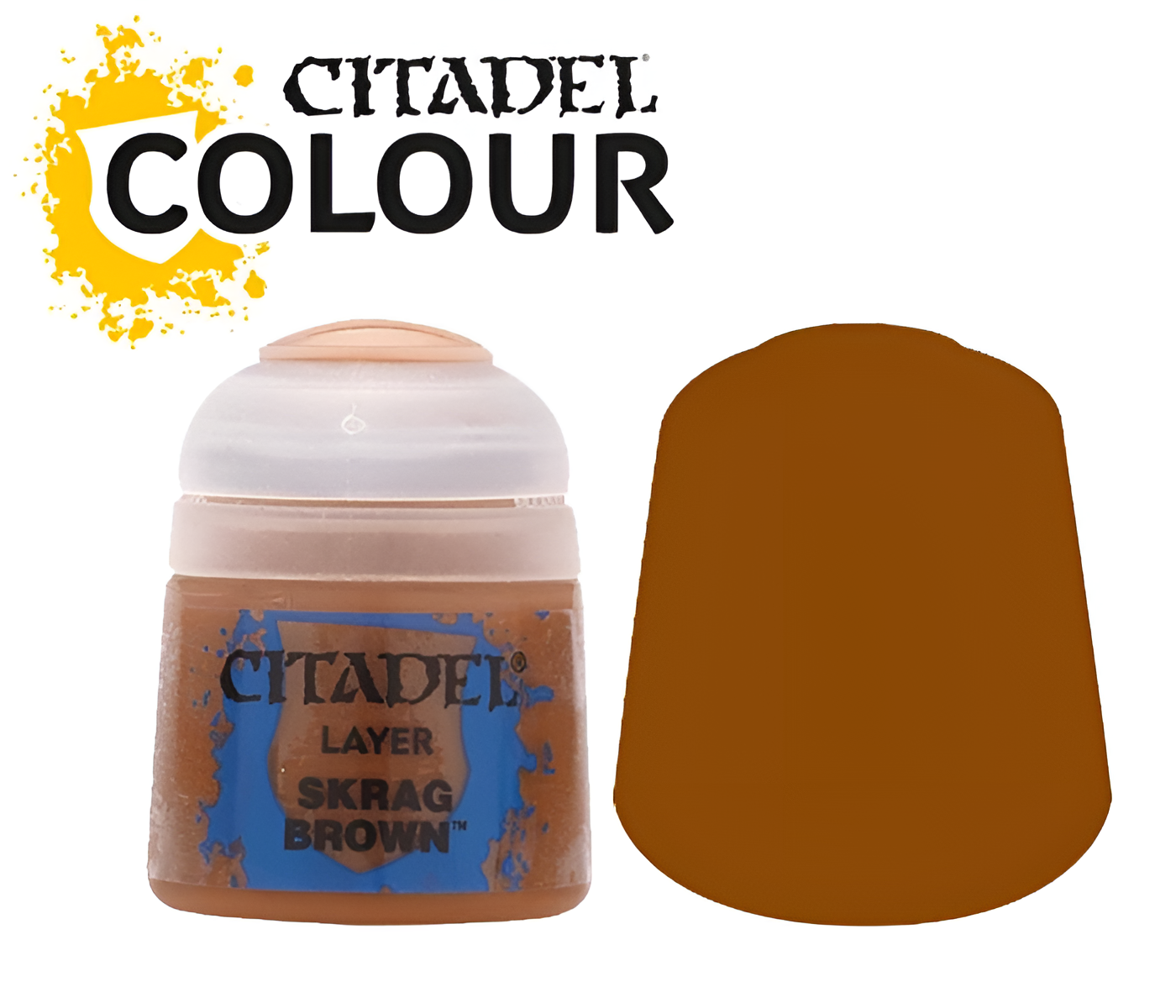 Citadel Layer Skrag Brown paint (12ml) in a round container with a color swatch showing a rich brown hue.