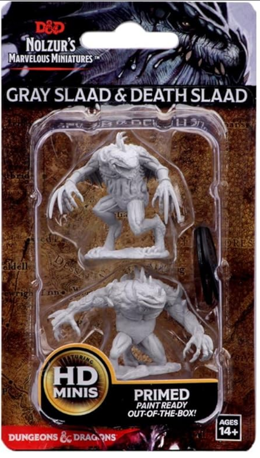Unpainted miniatures of Grey Slaad and Death Slaad from Dungeons & Dragons, ready for painting and tabletop gaming.
