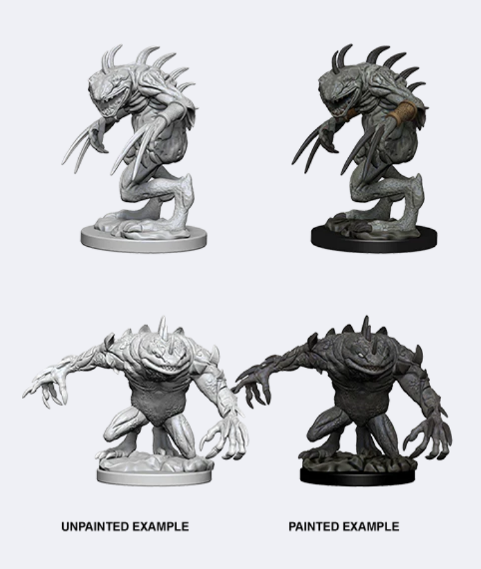 Unpainted and painted examples of Grey Slaad and Death Slaad miniatures for Dungeons & Dragons, showcasing detailed designs.