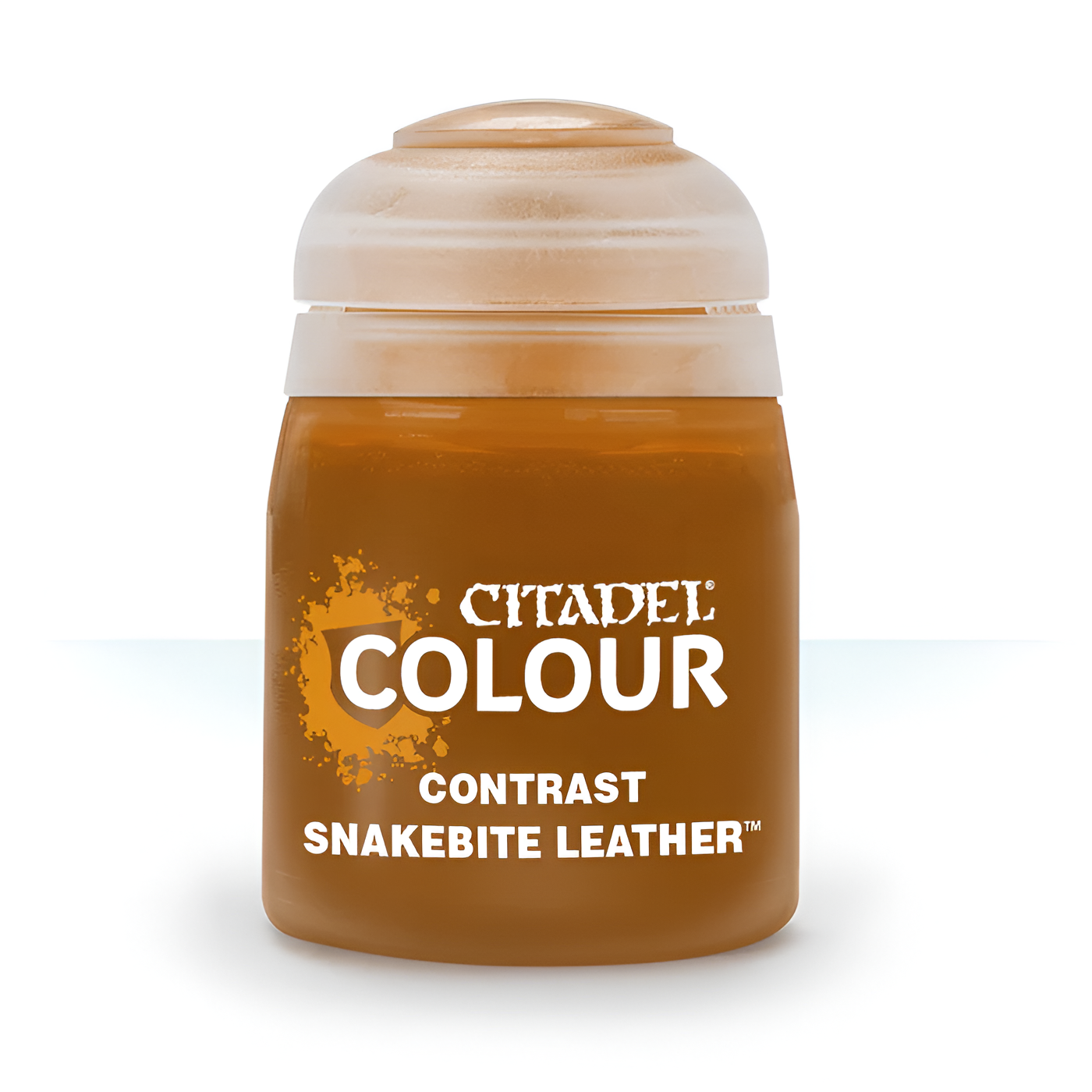 Citadel Contrast paint in Snakebite Leather, an 18ml bottle with a brown hue, ideal for miniature painting.