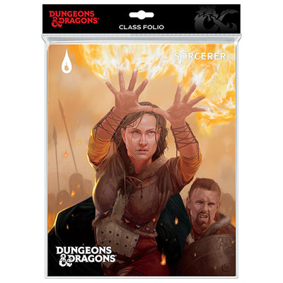 Dungeons and Dragons Sorcerer class portfolio featuring a sorcerer casting spells with flames and a companion in the background.