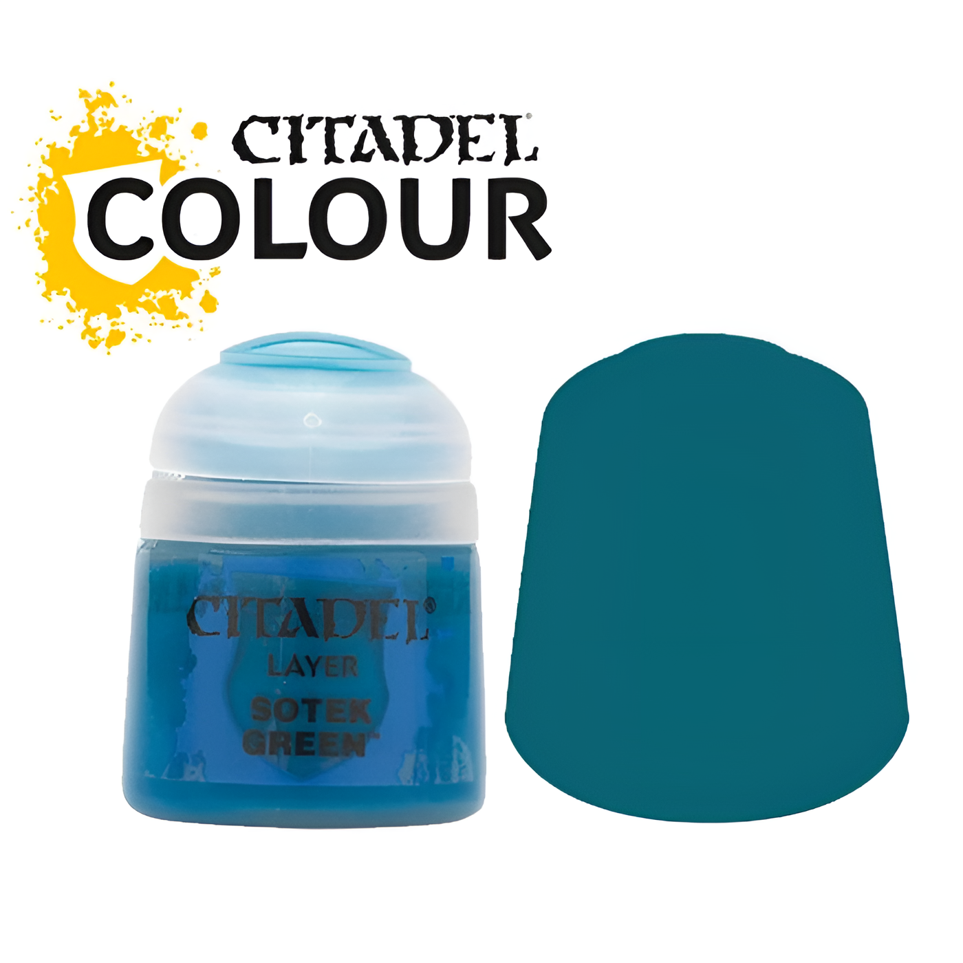 Citadel Layer Sotek Green paint in a 12ml container, featuring a vibrant teal color for miniatures and models.