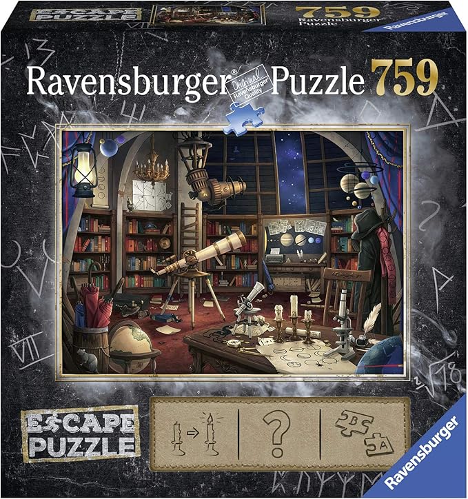 Box cover of the ESCAPE: Space Observatory 759-piece puzzle featuring an observatory scene with a telescope, books, and scientific instruments.