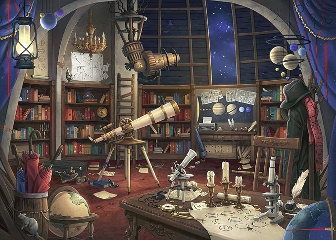 Detailed illustration of a cozy space observatory filled with telescopes, bookshelves, and celestial maps, set under a starry sky.