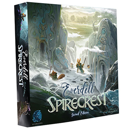 Everdell: Spirecrest Expansion 2nd Edition box featuring enchanting artwork of mystical landscapes and characters.