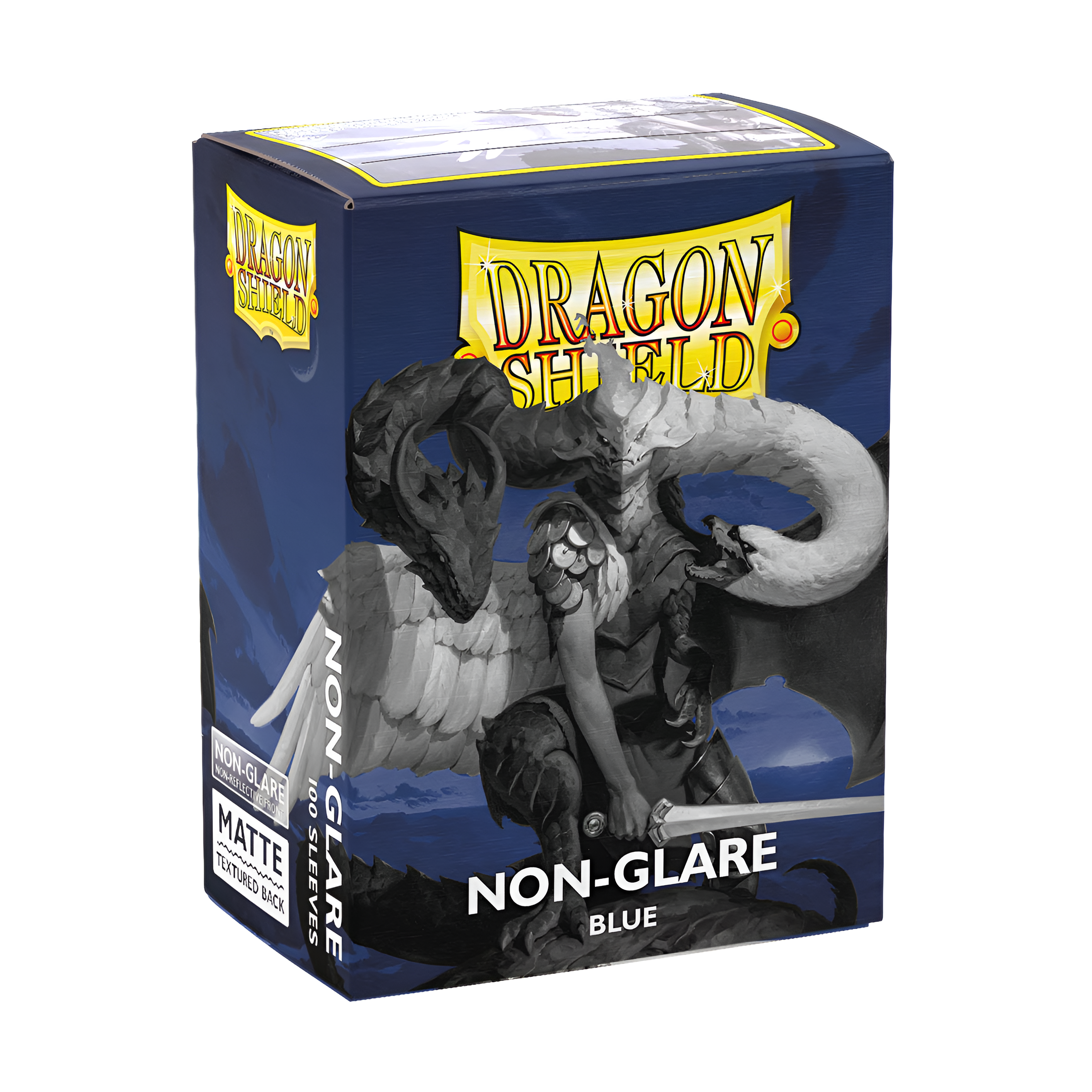 Dragon Shield Standard Matte Non-Glare Blue sleeves box featuring a dragon design, ideal for protecting trading cards.