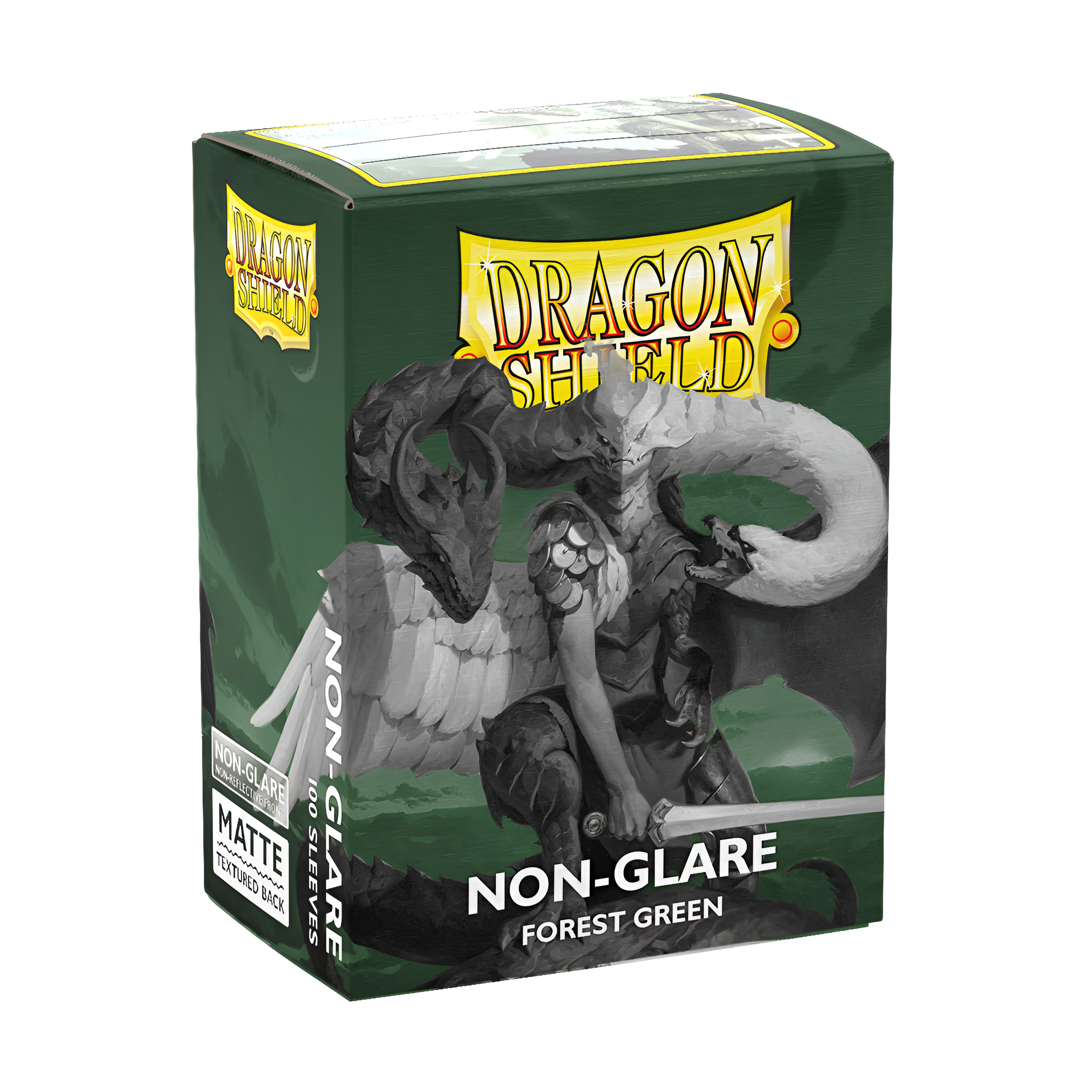 Dragon Shield Standard Matte Non-Glare Forest Green sleeves box, featuring a fantasy art design and product details.