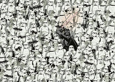 Star Wars 1000 piece puzzle featuring a crowd of stormtroopers with Darth Vader prominently in the center wielding lightsabers.