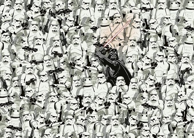Star Wars 1000 piece puzzle featuring a crowd of stormtroopers with Darth Vader prominently in the center wielding lightsabers.