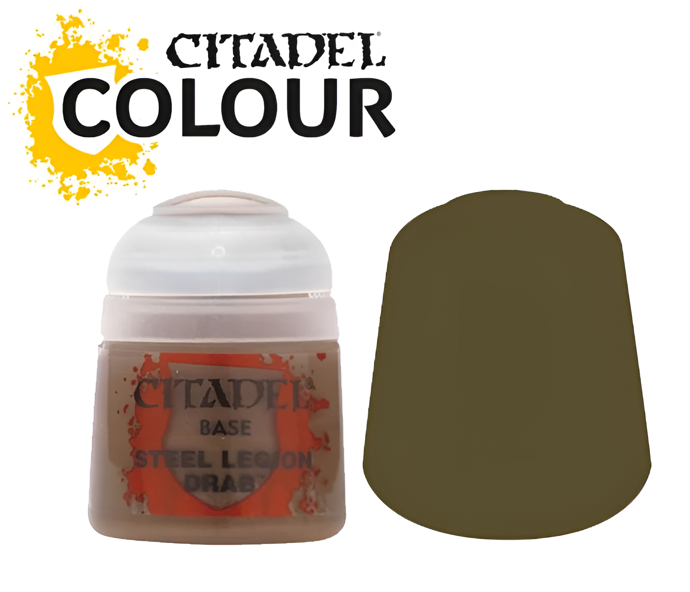 Citadel Base Steel Legion Drab paint (12ml) in a round container with a dark olive green color swatch beside it.